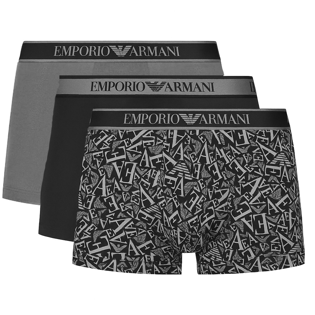 Armani boxers - trunk 3-pack met Logoband en print zwart grijs